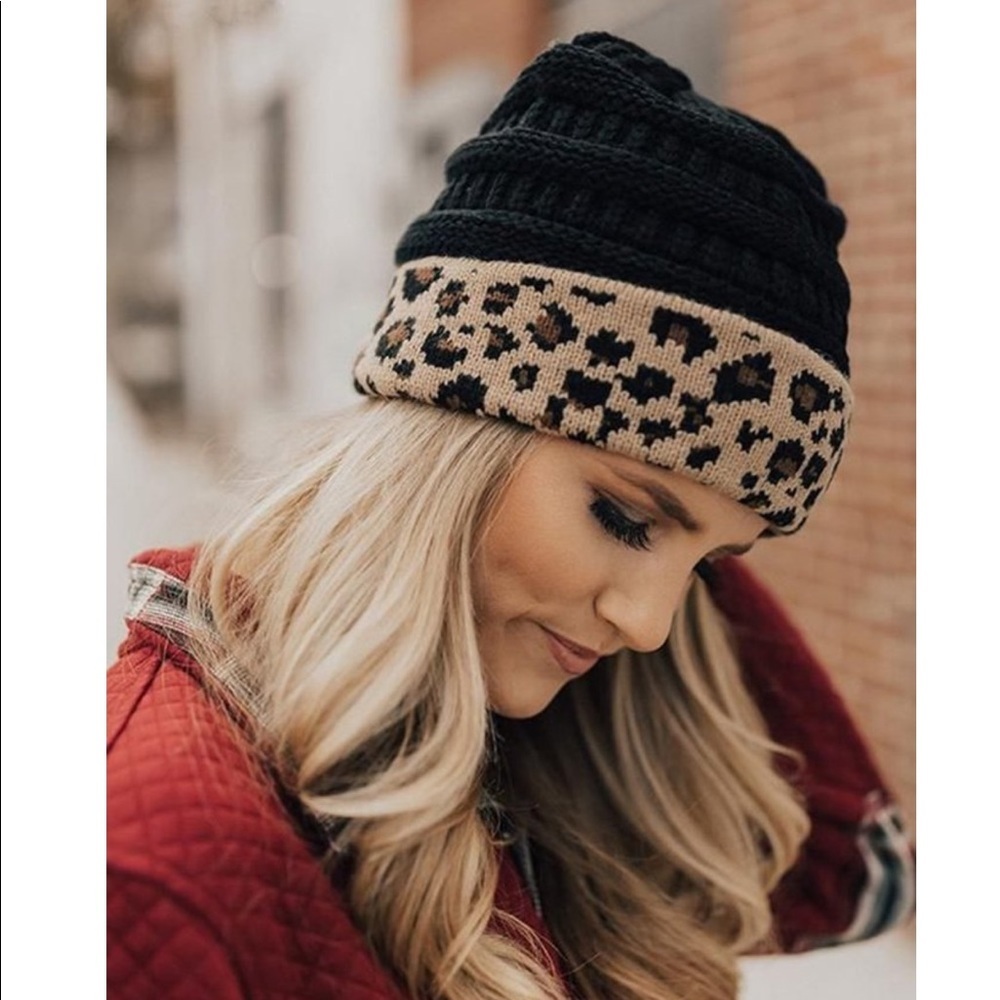 Black Knitted Leopard Beanie